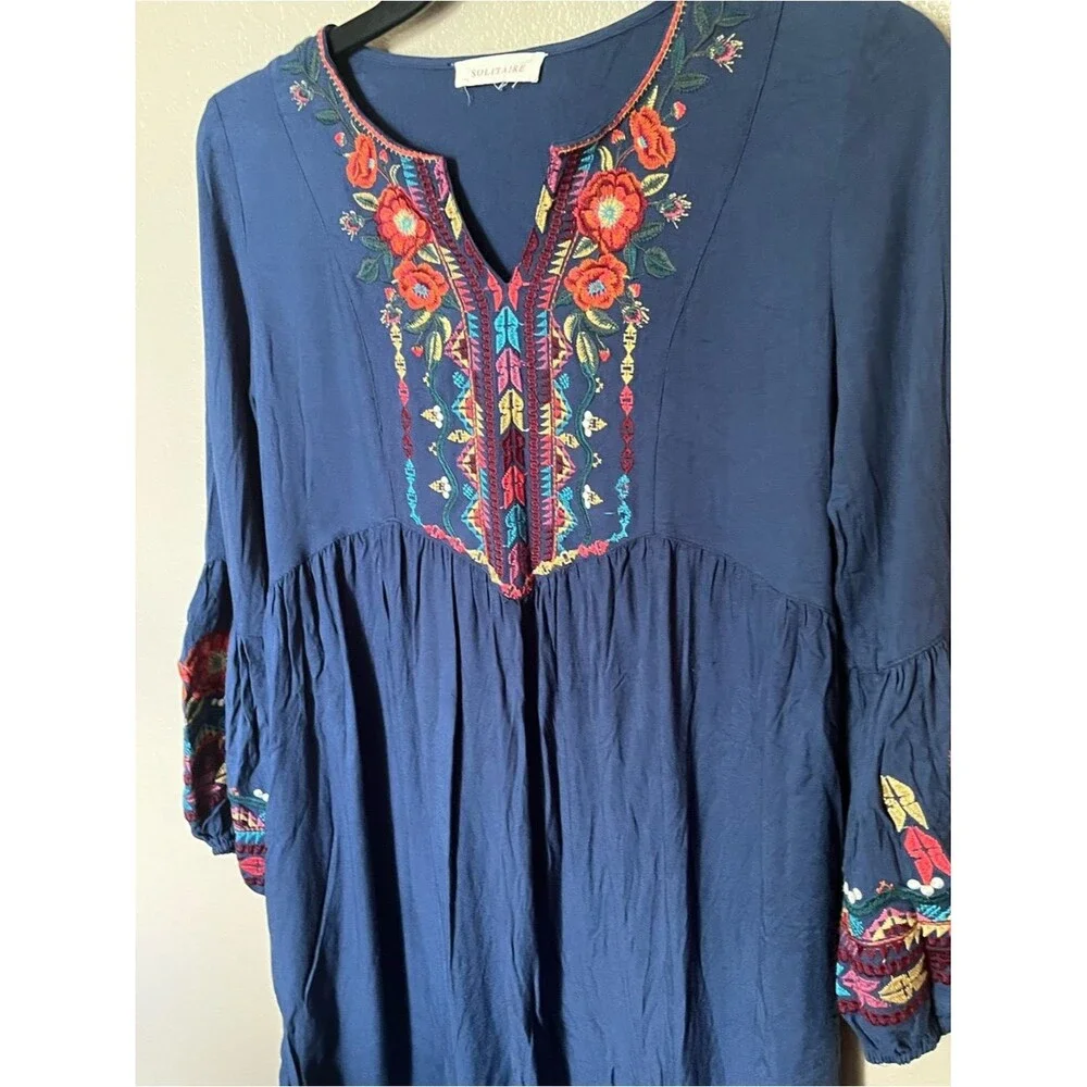 Anthropologie Solitaire Embroidered Blue Long Sleeve Tunic Dress Size Medium